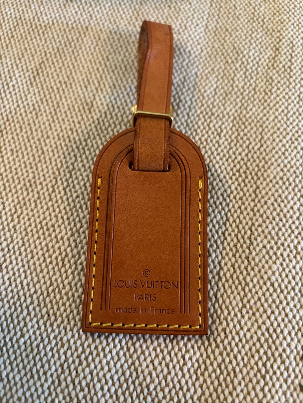 Louis Vuitton Tan Brown Vachetta Leather Luggage Tag with Yellow Stitching